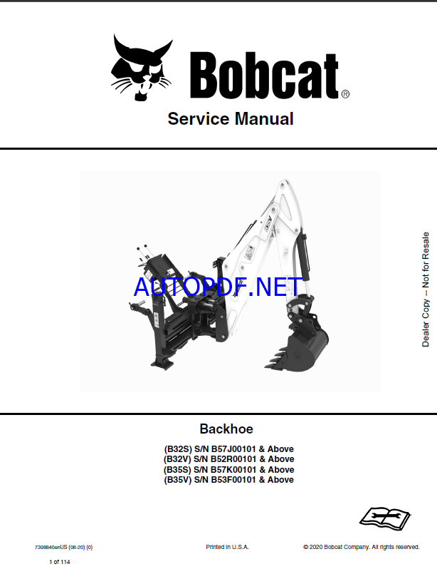 Bobcat Backhoe Attachment, Implement Service Manual (7398840) (SN B57K00101-B57K99999)
