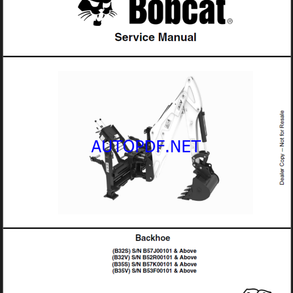 Bobcat Backhoe Attachment, Implement Service Manual (7398840) (SN B57J00101-B57J99999)