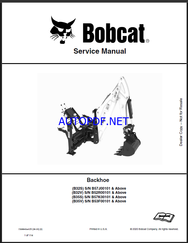Bobcat Backhoe Attachment, Implement Service Manual (7398840) (SN B57J00101-B57J99999)