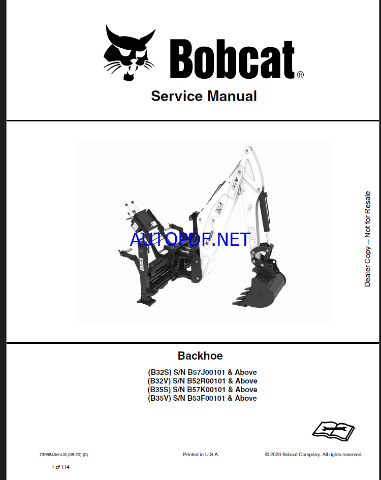 Bobcat Backhoe Attachment, Implement Service Manual (7398840) (SN B53F00101-B53F99999)