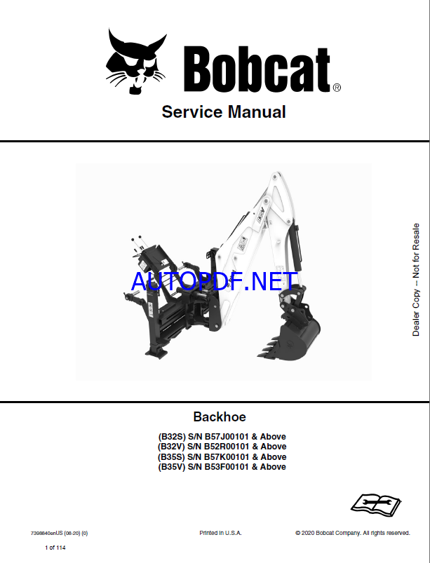 Bobcat Backhoe Attachment, Implement Service Manual (7398840) (SN B52R00101-B52R99999)