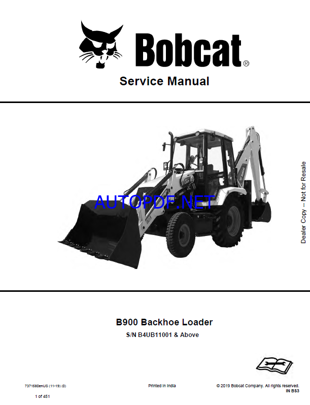 Bobcat B900 Backhoe Loader Service Manual (7371580) (SN B4UB11001-B4UB99999)