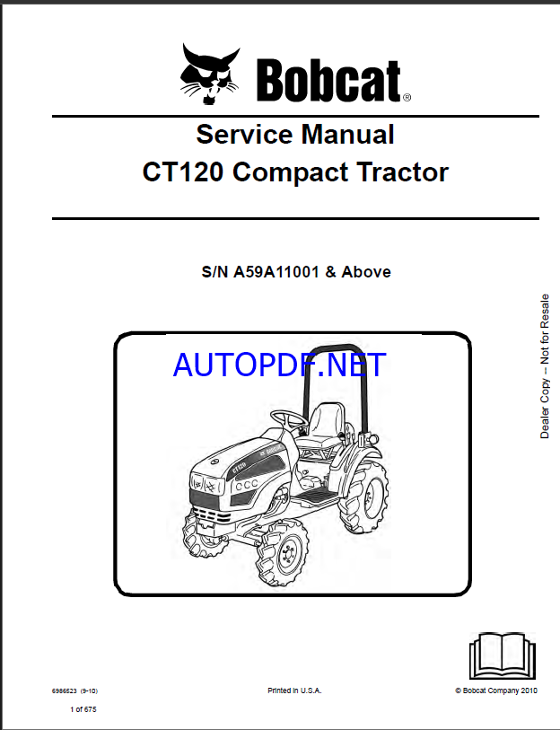 Bobcat CT120 Compact Tractor Service Manual (6986523) (SN A59A11001-A59A99999)