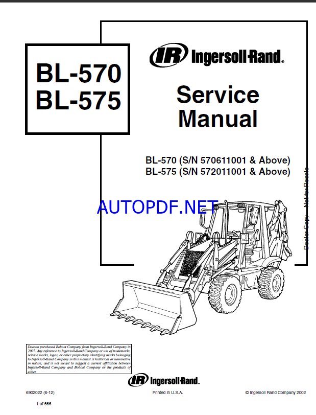 Bobcat BL575 Backhoe Loader Service Manual (6902022) (SN 572011001-572099999)