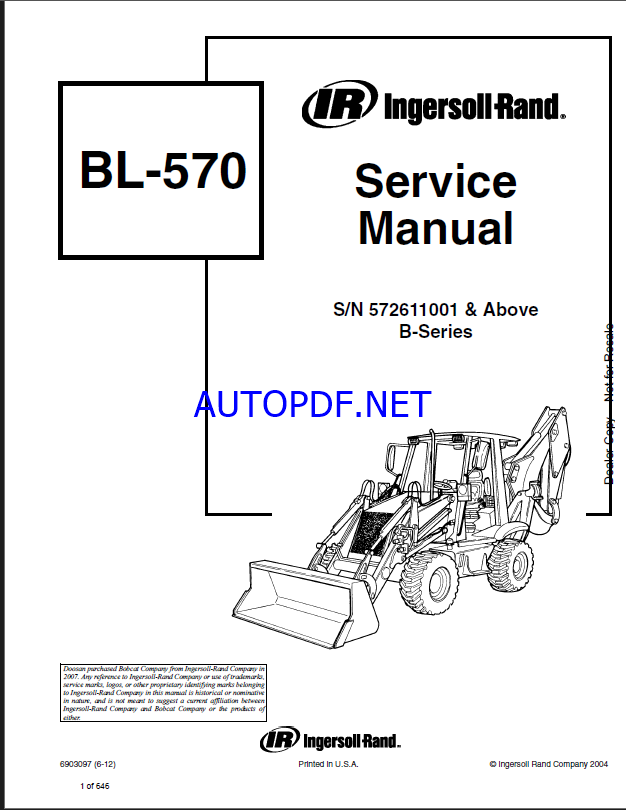 Bobcat BL570 Backhoe Loader Service Manual (6903097) (SN 572611001-572699999)