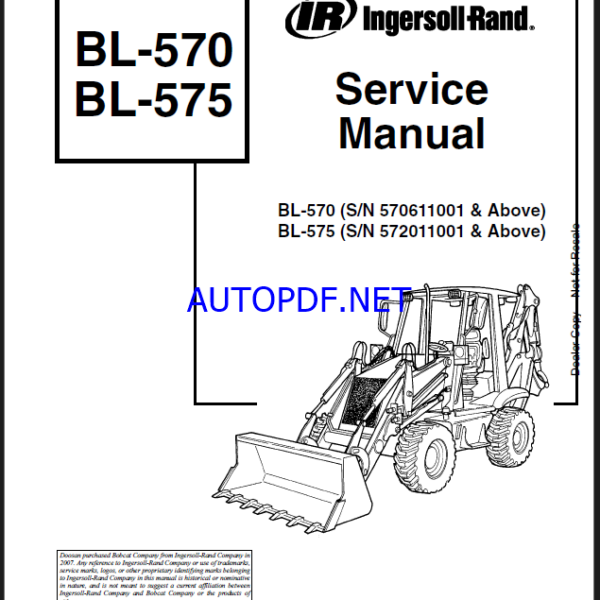 Bobcat BL570 Backhoe Loader Service Manual (6902022) (SN 570611001-570699999)