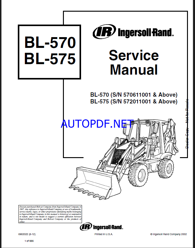 Bobcat BL570 Backhoe Loader Service Manual (6902022) (SN 570611001-570699999)