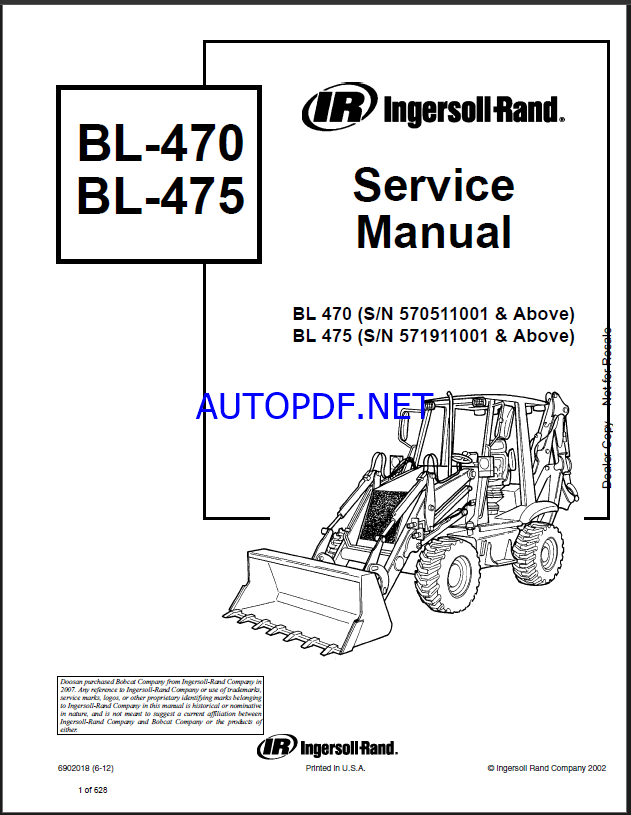 Bobcat BL475 Backhoe Loader Service Manual (6902018) (SN 571911001-571999999)