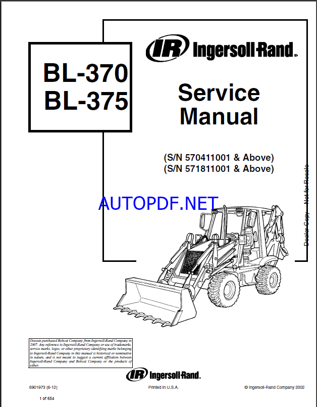 Bobcat BL375 Backhoe Loader Service Manual (6901973) (SN 571811001-571899999)