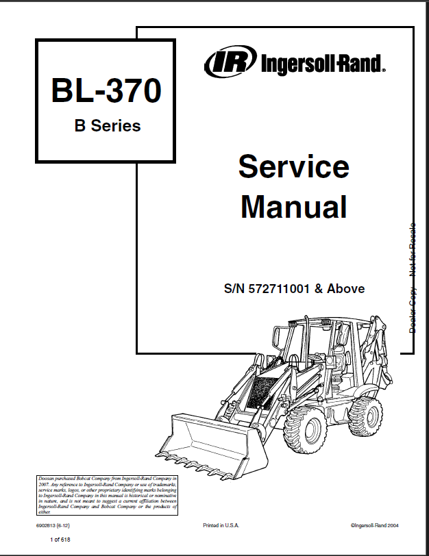 Bobcat BL370 Backhoe Loader Service Manual (6902813) (SN 572711001-572799999)
