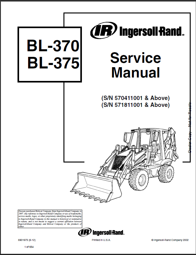 Bobcat BL370 Backhoe Loader Service Manual (6901973) (SN 570411001-570499999)