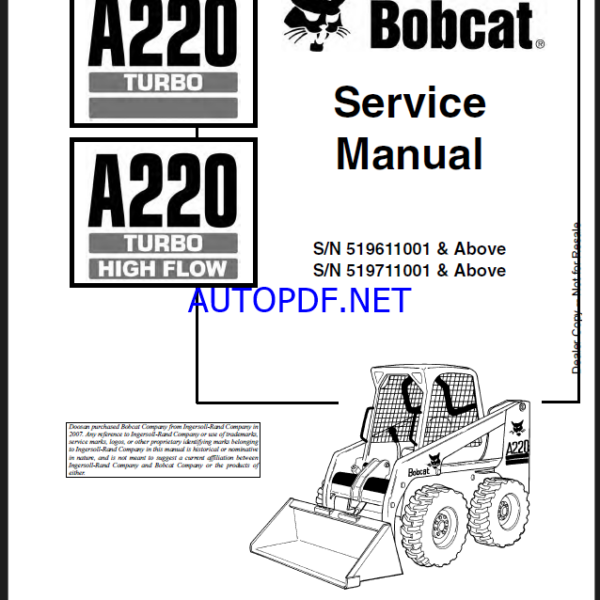 Bobcat A220 Loader Service Manual (6901245) (SN 519711001-519799999)