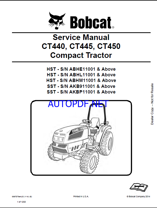 Bobcat CT445 Compact Tractor Service Manual (6987079) (SN ABHL11001-ABHL99999)
