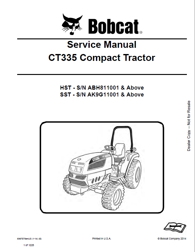 Bobcat CT335 Compact Tractor Service Manual (6987078) (SN ABH811001-ABH899999)