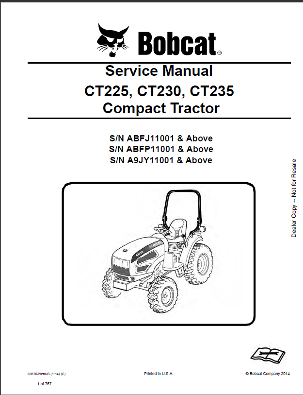 Bobcat CT230 Compact Tractor Service Manual (6987029) (SN ABFP11001-ABFP99999)