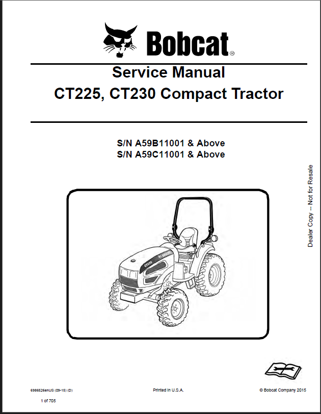 Bobcat CT230 Compact Tractor Service Manual (6986526) (SN A59C11001-A59C99999)