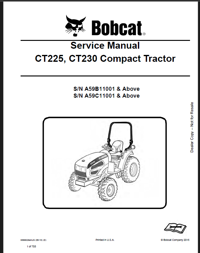 Bobcat CT225 Compact Tractor Service Manual (6986526) (SN A59B11001-A59B99999)