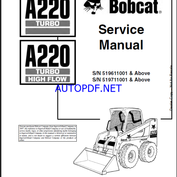 Bobcat A220 Loader Service Manual (6901245) (SN 519611001-519699999)