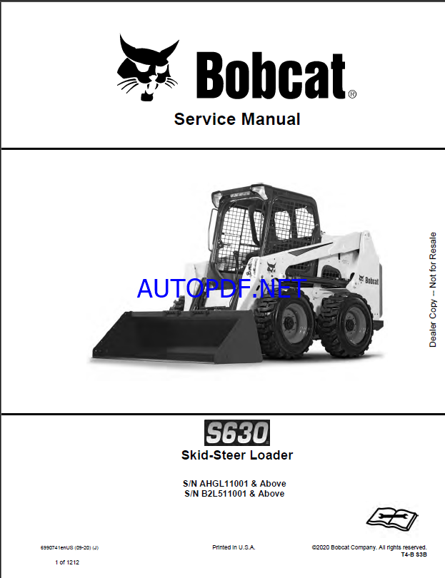 Bobcat S630 Loader Service Manual (6990741) (SN AHGL11001-AHGL99999)