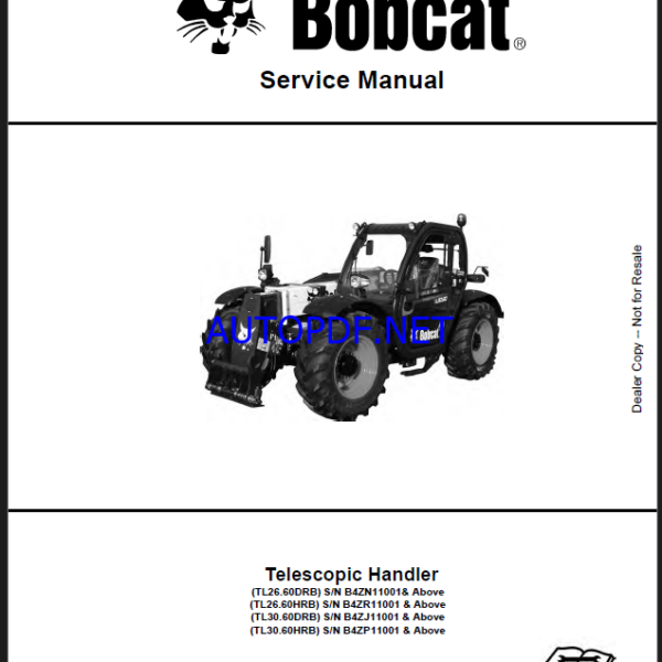 Bobcat TL2660 VersaHANDLER® TTC, Telescopic Handler Service Manual (7400360) (SN B4ZR11001-B4ZR99999)