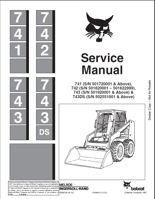 Bobcat 743 Loader Service Manual (6566109) (SN 501911001-501999999)