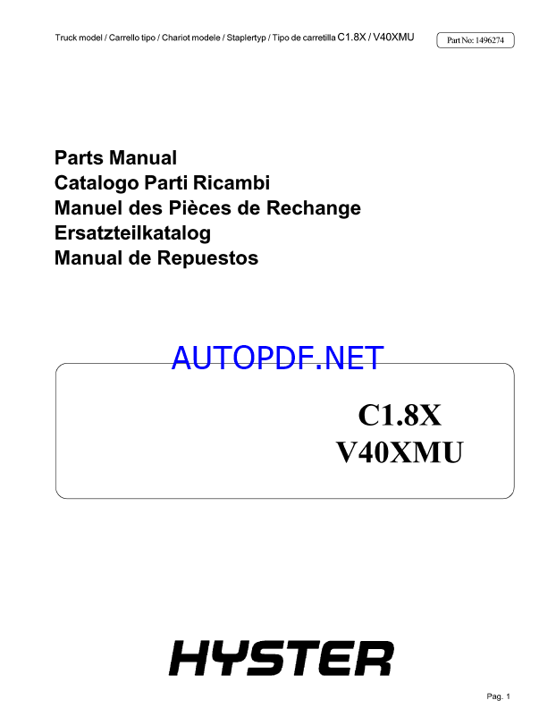 Hyster C1.8X, V40XMU Forklift Parts Manual