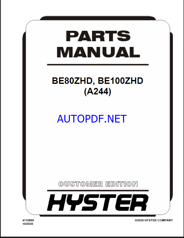 Hyster BE80ZHD, BE100ZHD (A244) Forklift Parts Manual