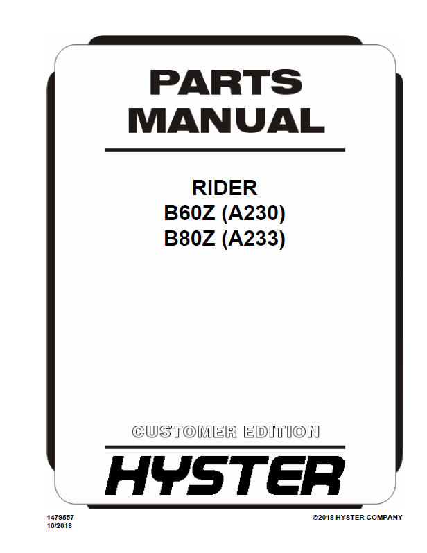 Hyster B60Z (A230) B80Z (A233) Rider Parts Manual