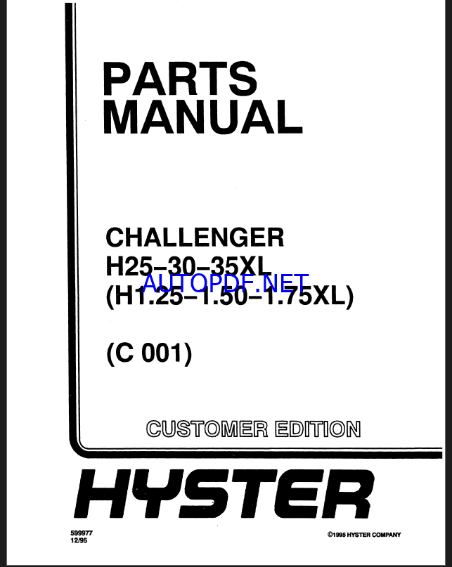 Hyster H25, H30, H35XL (H1.25, H.150. H1.75XL) (C001) Forklift Parts Manual