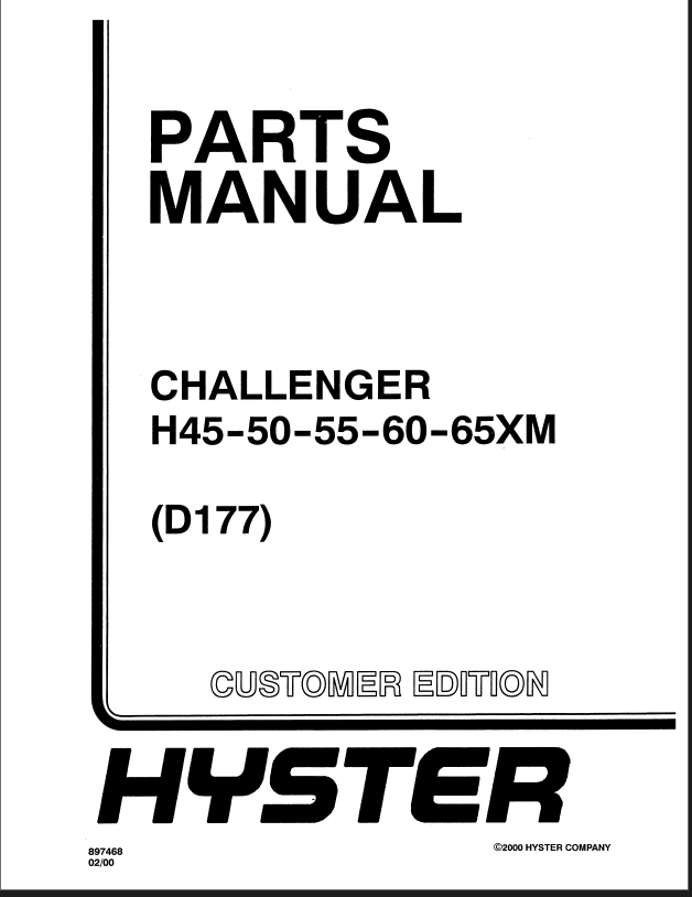 Hyster H45, H50, H55, H60, H65XM Challenger (D177) Forklift Parts Manual