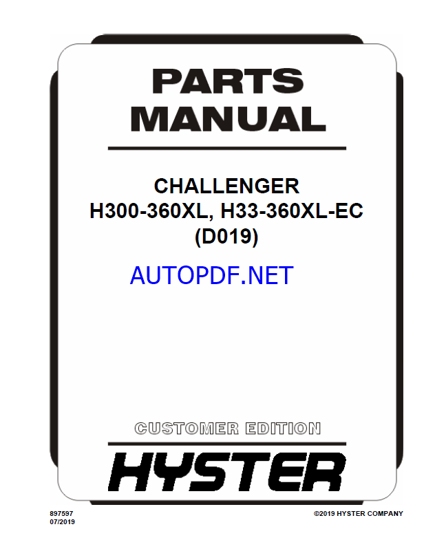 Hyster H300-360XL, H33-360XL-EC (D019) Challenger Forklift Parts Manual