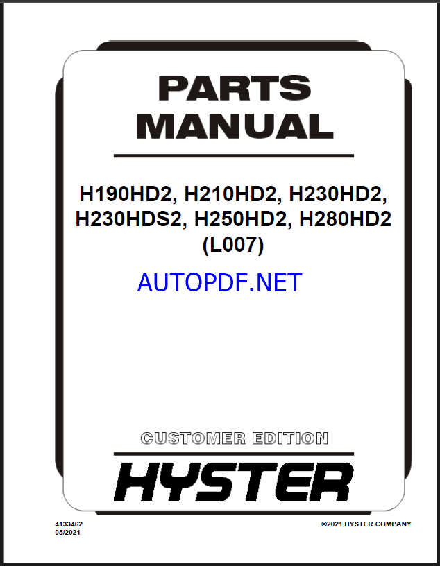 Hyster H190HD2, H210HD2, H230HD2, H230HDS2, H250HD2, H280HD2 (L007) Forklift Parts Manual