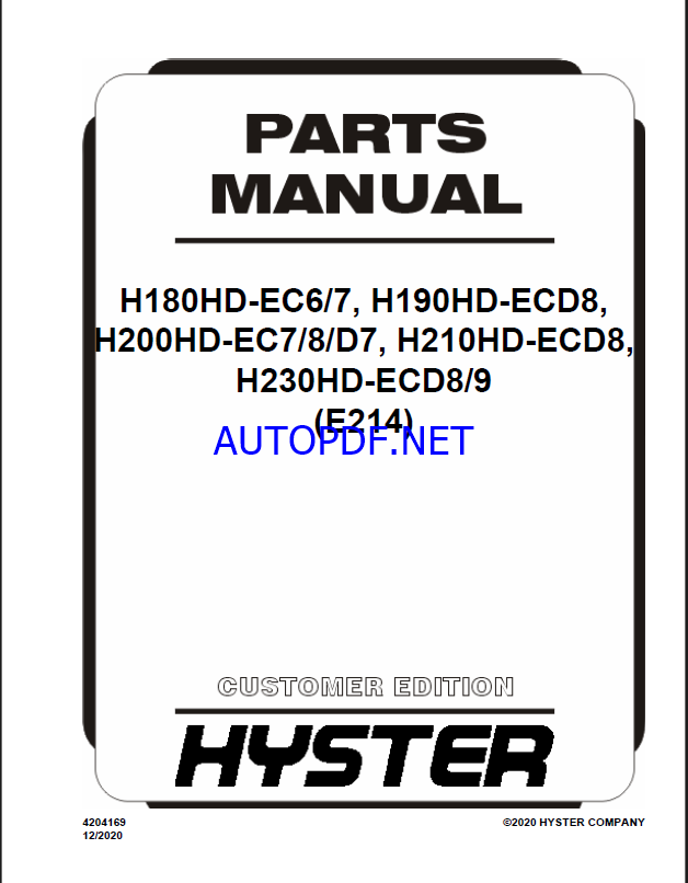 Hyster H180HD-EC6-7, H190HD-ECD8, H200HD-EC7-8-D7, H210HD-ECD8, H230HD-ECD8-9 (E214) Forklift Parts Manual