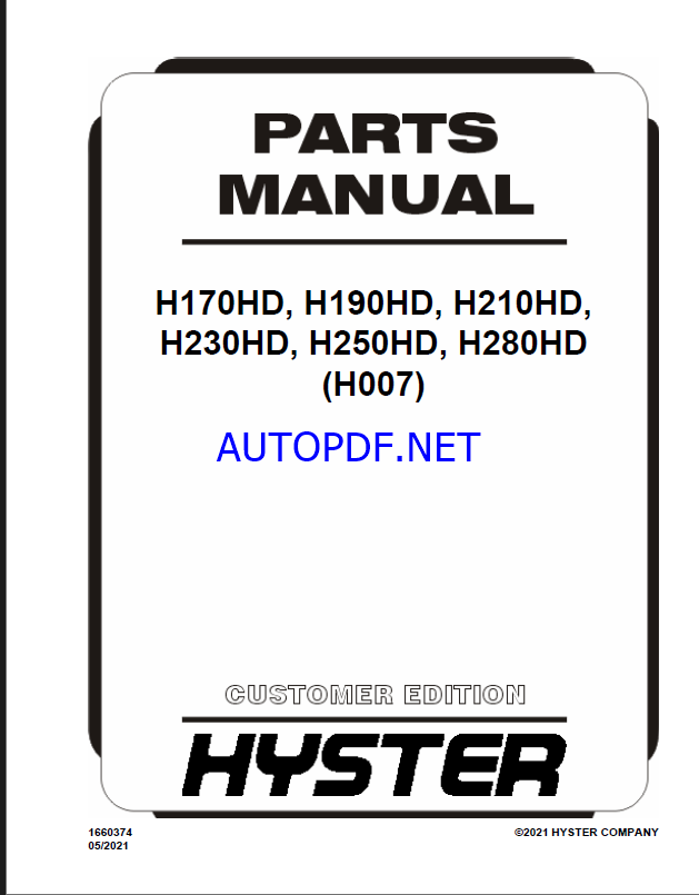 Hyster H180HD-EC6-7, H190HD-ECD8, H200HD-EC7-8-D7, H210HD-ECD8, H230HD-ECD8-9 (E214) Forklift Parts Manual