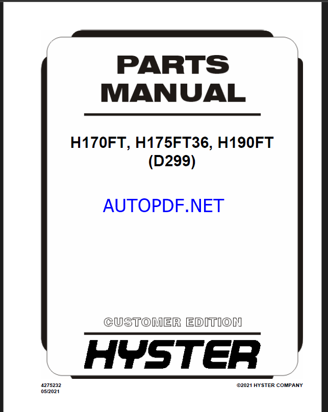Hyster H170FT, H175FT36, H190FT (D299) Forklift Parts Manual