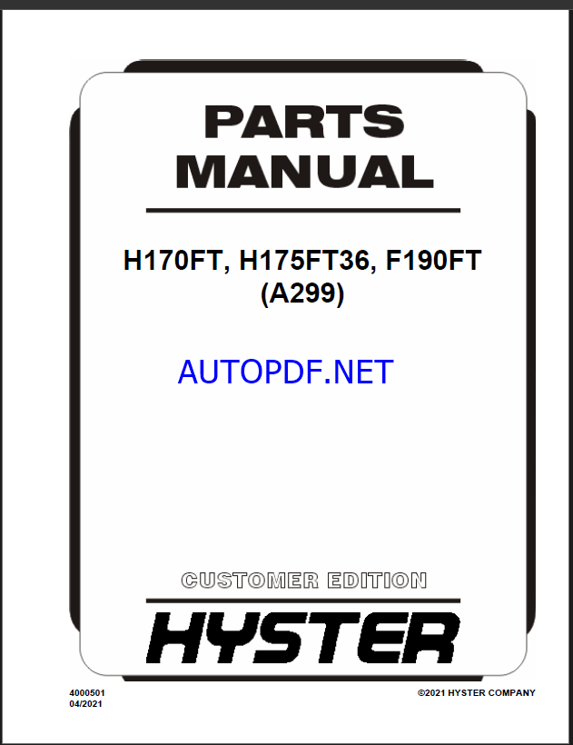 Hyster H170FT, H175FT36, F190FT (A299) Forklift Parts Manual