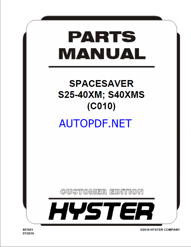 Hyster S25-40XM; S40XMS (C010) Spacesaver Forklift Parts Manual