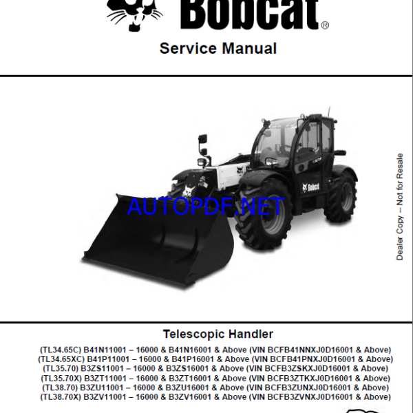 Bobcat TL3870 VersaHANDLER® TTC, Telescopic Handler Service Manual (7283184) (SN B3ZV11001-B3ZV99999)