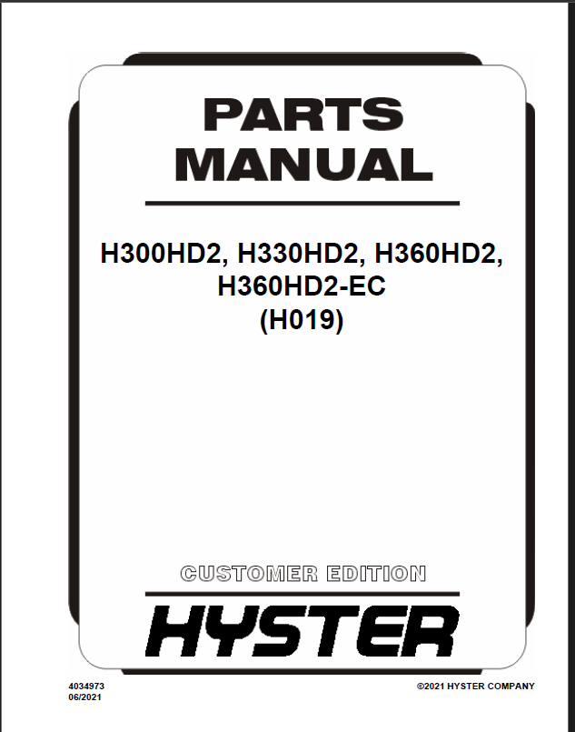 Hyster H300HD2, H330HD2, H360HD2, H360HD2-EC (H019) Forklift Parts Manual