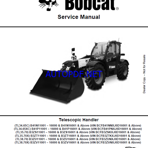 Bobcat TL3870 VersaHANDLER® TTC, Telescopic Handler Service Manual (7283184) (SN B3ZU11001-B3ZU99999)