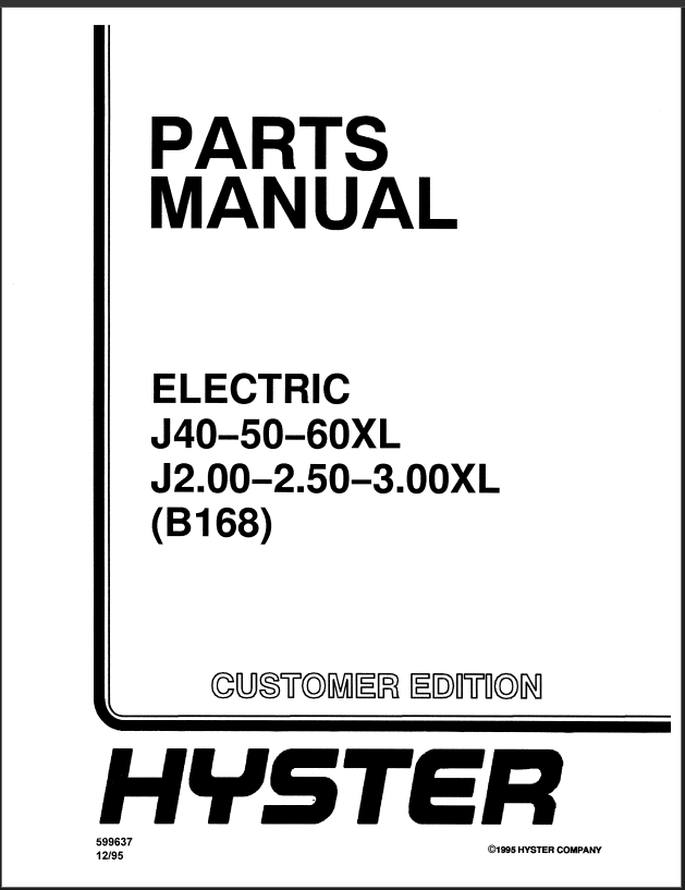 Hyster J40, J50, J60XL, J2.00, J2.50, J3.00XL (B168) Forklift Parts Manual