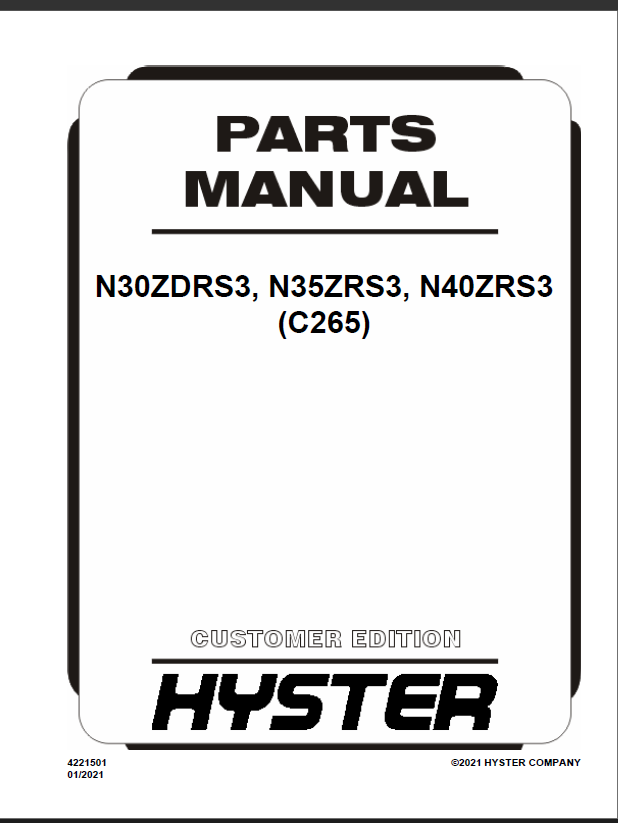 Hyster N30ZDRS3, N35ZRS3, N40ZRS3 (C265) Forklift Parts Manual