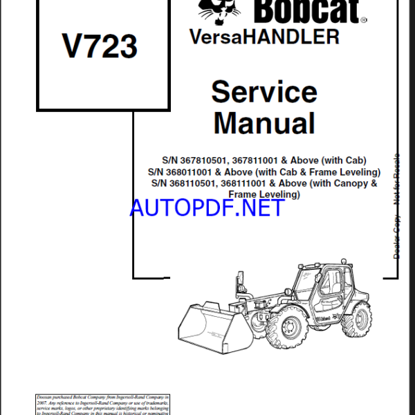 Bobcat V723 VersaHANDLER® TTC, Telescopic Handler Service Manual (6902760) (SN 367810501-367899999)