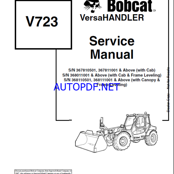 Bobcat V723 VersaHANDLER® TTC, Telescopic Handler Service Manual (6902760) (SN 368011001-368099999)