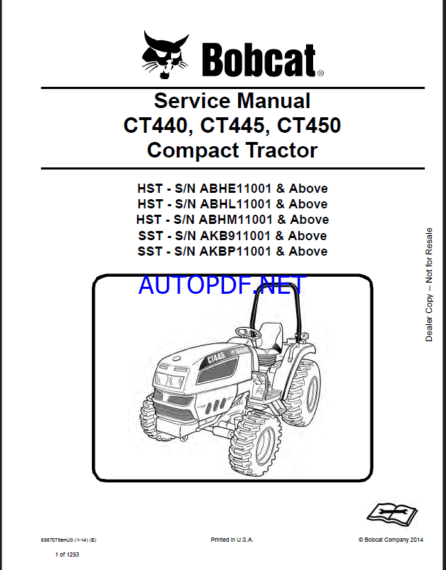 Bobcat CT445 Compact Tractor Service Manual (6987079) (SN ABHL11001-ABHL99999)