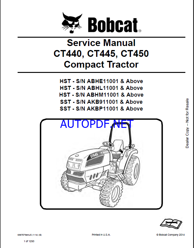 Bobcat CT445 Compact Tractor Service Manual (6987079) (SN AKB911001-AKB999999)