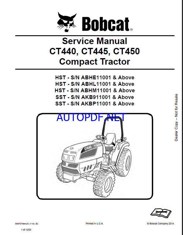 Bobcat CT450 Compact Tractor Service Manual (6987079) (SN ABHM11001-ABHM99999)