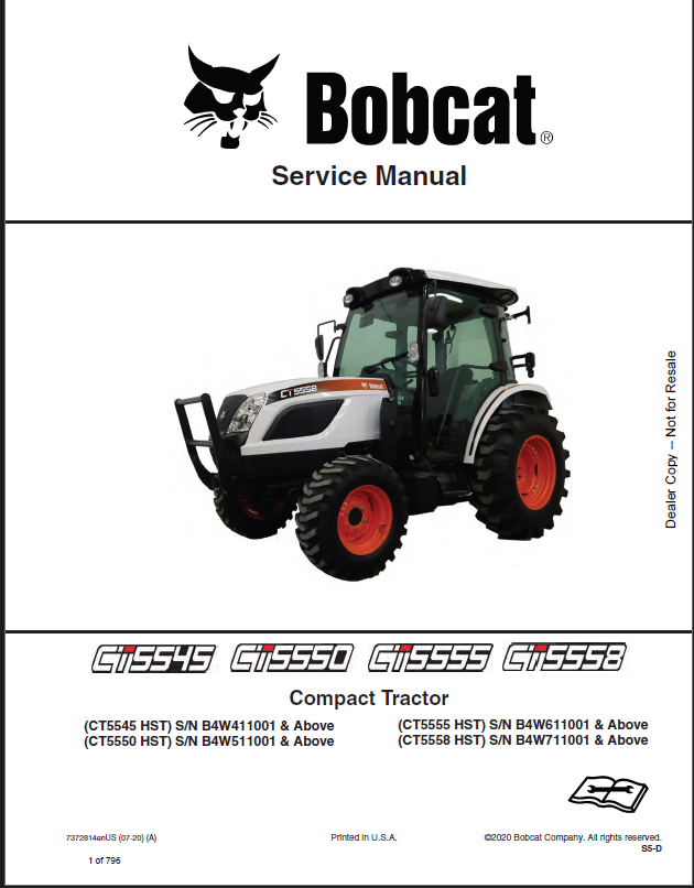 Bobcat CT5545 Compact Tractor Service Manual (7372814) (SN B4W411001-B4W499999)