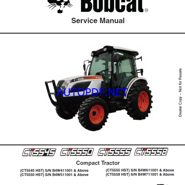 Bobcat CT5558 Compact Tractor Service Manual (7372814) (SN B4W711001-B4W799999)Bobcat CT5558 Compact Tractor Service Manual (7372814) (SN B4W711001-B4W799999)