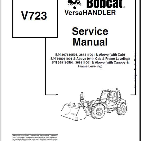 Bobcat VR723 VersaHANDLER® TTC, Telescopic Handler Service Manual (6902760)